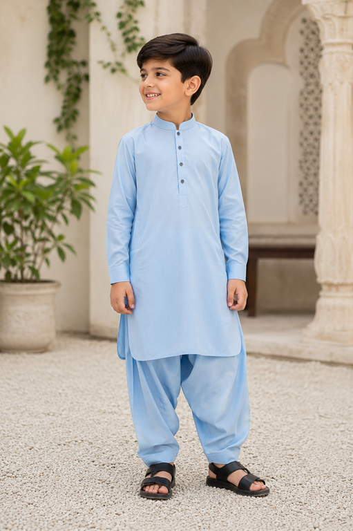 KAPOK Boys Premium Cotton Kurta Shalwar in Sky Blue