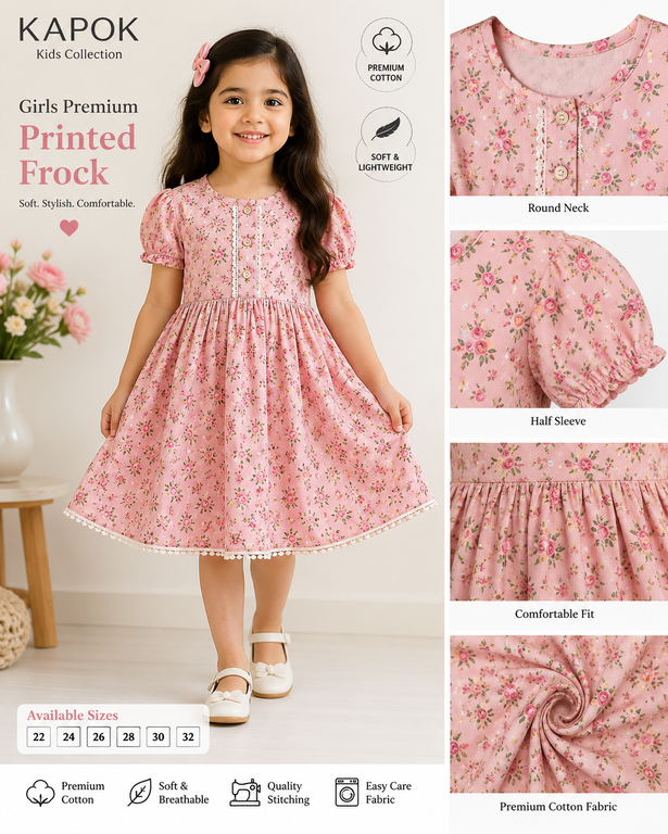 KAPOK Girls Premium Printed Frock in Pink Floral